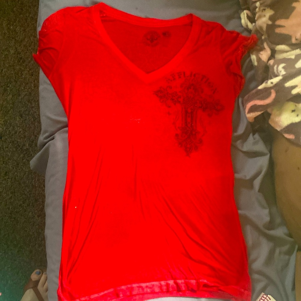 Affliction t shirt x-large red with black embroidery and jewels on the back.